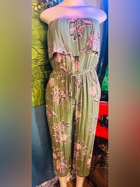 New York & Company Olive Green Strapless Floral Jumpsuit with Pink Print